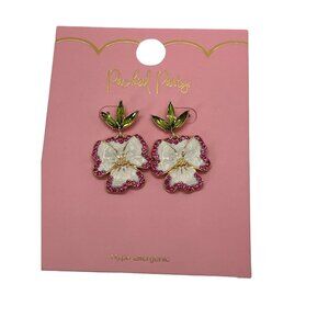 Packed Party Dangle Earrings Flowers Hibiscus Gold Tone Rhinestones 1.75" NEW